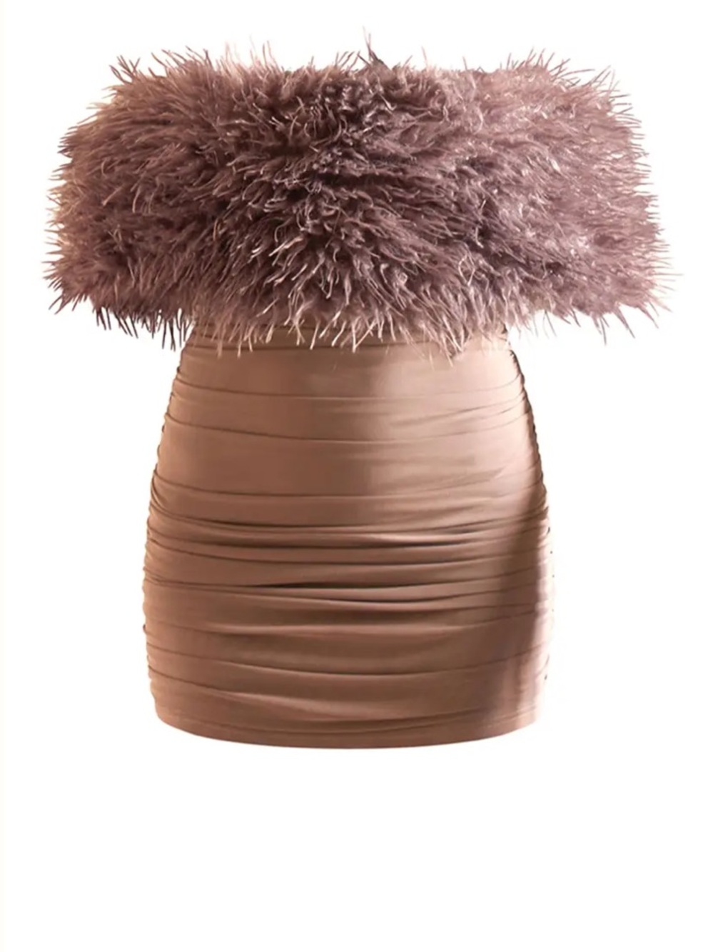NWT PLT Label Taupe Faux Shearling Bardot Ruched Bodycon Dress